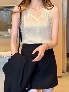 Summer Lace Knitted Tank Top Women V-neck Slim Fit Vest Casual Sleeveless Comfortable Top