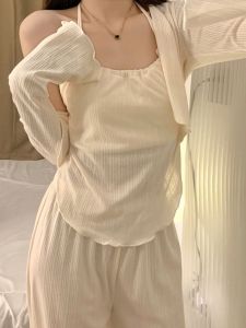 Bộ Đồ Ngủ Cotton Nguyên Chất Cho Nữ Mùa Xuân Thu Phong Cách Mới Gợi Cảm Có Đệm Ngực Áo Vest Nhỏ Áo Vest Màu Be Ba Mảnh