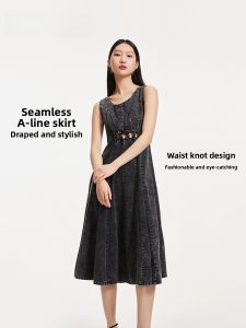 Vero Moda Hollow out Waist Splicing Sleeveless Slimming Denim Dress Retro Style High Waist Midi Skirt for Young Women