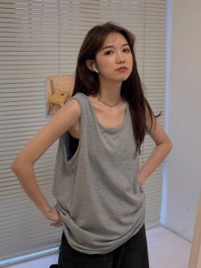 HUOLISI | Sleeveless Long Loose Cotton T-Shirt Gray