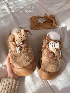 Cute Cat Patterned Slip-On Sneakers Womens Winter Outdoor Wear Versatile Cotton Slippers Korean Style Low Heel Flat Bottom