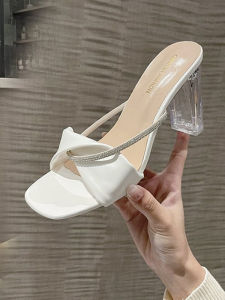 Summer 2023 Fairy Tale Style Womens Outdoor Slippers Diamond Embellished Thick Heel High Heel Sandals Transparent Slip-On Shoes