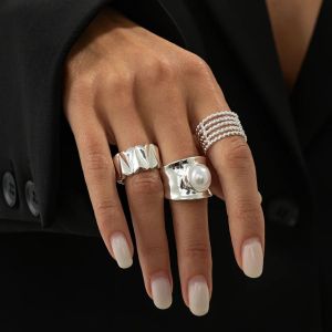 PuRui 3Pcs/Set Creative Irregular Wave Adjustable Open Rings Women Elegant Inlay Imitation Pearl Thick Finger Ring Charm Jewelry