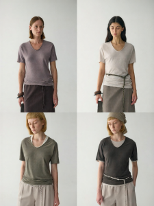 INSIS FEMME | Natural Organic Cotton Ramie V-Neck Gathered Irregular Short Sleeve T-Shirt