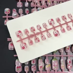 30Pc Short Round Kid Press On Nails Nude Pink Cat Eye Children Fake Nail Kawaii Fruit Flower Cat Star Bow Design False Fingertip