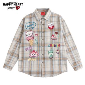 CHARLES JANGS HAPPY HEART | Cat Doodle Contrast Plaid Shirt
