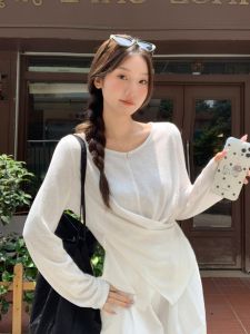 PPHOME Long Sleeve T-Shirt Womens Autumn Regular Fit round Neck Soft Elegant Design Sense Base Layer Top Asymmetrical Pleats Waist Cinch Button up