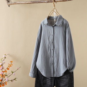 Pure ผ้าฝ้าย แขนยาว สไตล์ฝรั่งเศส ลูกไม้ ปกเสื้อ เสื้อเชิ้ต ผู้หญิง Double Layer ผ้าฝ้าย Thread เสื้อเบลาส์ Layering Inner Wear เสื้อท่อนบน