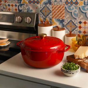 EC6D402G - Lodge 6 Quart / 10.5"/ Ruby Enameled Cast Iron Dutch Oven Enamel Pot with Gold Knob