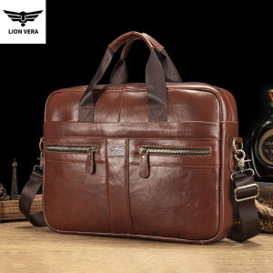 LION VERA Genuine Leather Bussiness Briefcases Black 15.6 inch Office Computer bag for Men luxury handbags Laptop Briefcase Bags