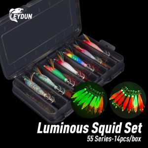 LEYDUN Luminous eye Horizontal Squid Jig Wood Shrimp Squid BKK Hook 14pcs/Set Lures Cuttlefish Shrimp Baits