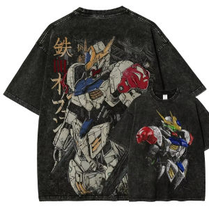 Bandai | Gundam Barbatos Lupus Rex T Shirt Men IBO Vintage Acid Wash Mecha Streetwear Retro Japanese Anime Cotton Graphic Tee Shirt