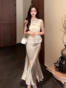 Elegant Summer Lace Hollow Embroidery Top with Sling High-End Satin Fish Tail Skirt Cute Little Set Polyester Fiber