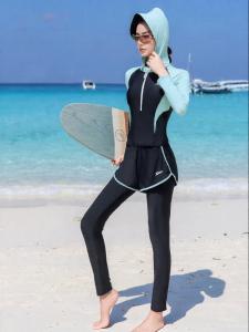 XTEP | Conservative Split Long Sleeve Swimsuit for Women with Detachable Hat and Long Pants