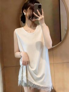 Áo Thun Dây Kéo V-Neck Không T Tay Phối Ren Size Lớn Slimming Midi