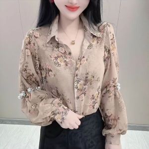 Spring 2025 Womens Loose Long Sleeve Floral Shirt Fashionable plus Size Lantern Sleeve Design Commute Style Polyester Fiber