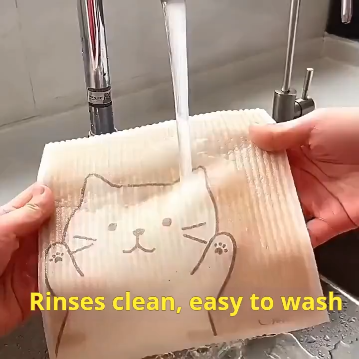 Cartoon Printed German Wood Pulp Cotton Dishcloth Reusable Super Absorbent Quick Drying Kitchen Dish Wipe Multi‑Purpose Household Cleaning Cloth Kitchen Accessories