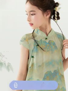 New Chinese Style Princess Dress Childrens Cheongsam Skirt Summer Collection Disney Mixed Fabric Girls Clothing Traditional National Fashion