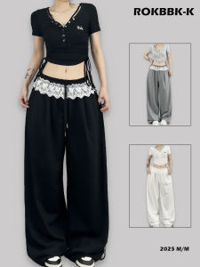 Loose Casual Lace Sports Pants for Women Summer Street Dance Jazz Dance Long Pants ROKBBK-K Brand Street Style Cotton Blend