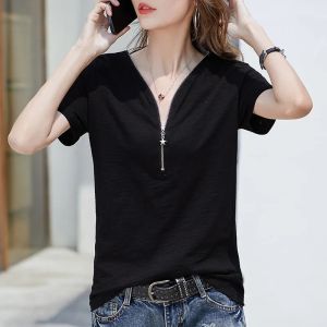 ขนาดใหญ่พิเศษขนาดผู้หญิงเสื้อยืดหลวม Fit แขนสั้น V คอซิปเสื้อสําหรับฤดูร้อน Chic Tweed สไตล์โพลีเอสเตอร์ผ้าฝ้ายผสม