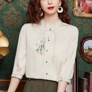 Áo Sơ Mi Lụa Thêu Tay Lửng Mùa Xuân Hè Mới Cho Nữ Phong Cách Mẹ Cổ Điển Trung Quốc Phong Cách Nhỏ Áo Sơ Mi Chất Liệu Polyester