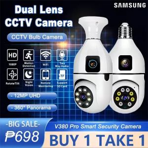 Samsung Dual Lens CCTV Camera Connect Cellphone v380 pro cctv camera wifi connect 360 Light Bulb with Voice and Speaker Outdoor CCTV Camera no need Internet CCTV Camera Bulb 1080P BUY 1 TAKE 1 IP Security Cameras
