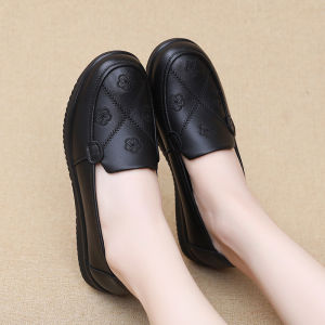 YUAAE Black Leather Loafers For Women Embroidery Detail Round Toe Non Slip Thick Sole Comfortable Casual Office And Daily