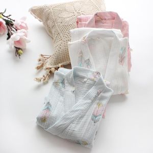 นุ่ม สไตล์ญี่ปุ่น ผ้าฝ้าย กิโมโน เสื้อคลุมสองชั้น พลีท หลวม เสื้อคลุมอาบน้ํา Pure ผ้าฝ้าย ชุดนอน พร้อมเข็มขัดสําหรับผู้หญิง