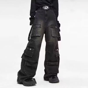 กางเกงยีนส์ทรงหลวมขาบานทรงหลวมสไตล์อเมริกันสำหรับผู้ชาย กางเกงขายาวทรงหลวม กระเป๋าหลายช่อง ทรงหลวม กางเกงยีนส์ทรงหลวม