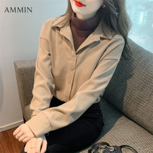 AMMIN Bộ Áo Sơ Mi Dày Và Tóc Cổ Cao Cho Nữ Hoàn Toàn Mới Phong Cách Hàn Quốc Áo Dài Tay Đi Làm Thường Ngày Dáng Rộng Mùa Thu Đông Mới