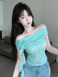 GUZILIAN | Sweet Fresh Plaid 3D Flower Sash One Shoulder T-Shirt Summer Design Mesh Semi-Transparent Short Top Korean Style Knitted Short Sleeve