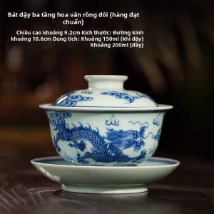 SANQINTANG | Bộ Trà Gaiwan Họa Tiết Rồng Đôi Xanh Trắng Cổ Điển Trung Quốc Bịt Tay