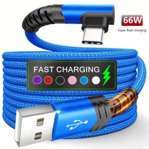 New 90 Degree Elbow 60W USB to Type C Fast Charging Cable for Huawei Xiaomi Samsung 3M Nylon Braided Quick Charge Data Cord