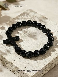 SHISHANGMEIDI | Cross Decorated Gift Black Agate Men Hand Chain 8mm