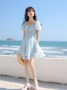French Elegant Gentle Style Unique Floral Print Mini Dress Womens Summer Fashion U-Neck Short Sleeve A-Line Skirt Dress