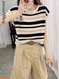 WANGGONGZHU | Ice Silk Stripe Short Sleeve Knitted Top Women Summer New Fashion Small Size Trendy T Shirt Princess Style Commute Korean Loose Fit