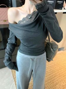 GUZILIAN | Korean Pure Desire Style Lace Splice Slim Fit Shoulder Womens Base Shirt Spring Autumn Knitted Top Trendy Long Sleeve One-Shoulder