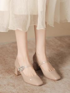 รองเท้าส้นสูงหนังแท้สีเปล่าสำหรับผู้หญิง ฤดูใบไม้ร่วง 2025 รองเท้า Mary Jane หัวเหลี่ยม หัวเข็มขัด หัวเข็มขัด รองเท้าส้นสูงแบบสวมสบาย