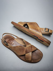 High-End Leather Sandals for Men Summer Outdoor Driving Roman Style Retro Sandals Breathable Slip-On Flats with Rubber Sole