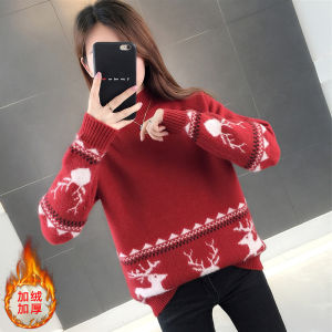 Red Fleece Lined Thickened Half High Collar Sweater Womens Fashionable Commute Style Winter New Years Base Shirt Vee Fly