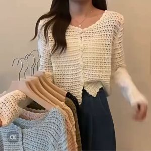 AN-9792 Hollow Out Knitted Cardigans For Women Plain Long Sleeve Office Blazer Tops Buttons Down High Quality