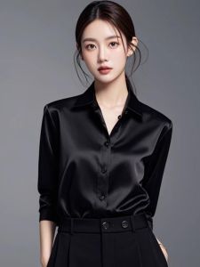 Elegant Acetate Satin Long Sleeve Black Shirt Womens Professional Commute Formal French Style OL Shirt Spring Autumn Fashion
