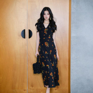 French Elegant Floral Tea Dress V-neck Waist Cinched Sleeveless Long Skirt