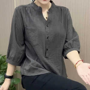 Fashionable Ladies Loose Fit V-Neck Shirt Seven-Quarter Sleeve Solid Color Early Autumn New Style Artistic Top for Women