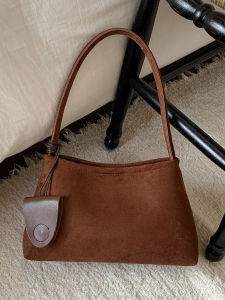 Elegant Suede Underarm Bag Womens Fashion Simple Commuter Shoulder Handbag Retro Artistic Style Zinc Alloy Clasp 10.9 Inch Tablet Capacity