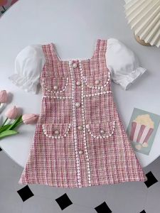 Sunday Kids Dress Knit Check Dress Pearl Embellishment Pink Short Sleeve Dress Puff Sleeve Plaid Dresses 2-7 Years Baby Girls Clothing