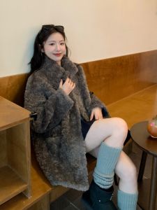 Lamb Fur Coat Womens Thickened Autumn Winter Outerwear Lazy Style Long Sleeve Mid-Length Korean Version Stand Collar Coat