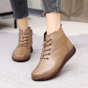 Warm Fleece Lined Cotton Shoes for Mom Low Heel Anti Slip Soft Bottom Genuine Leather Winter Short Boots for Middle Aged And Elderly Women