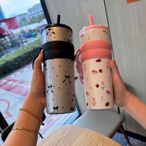 RURAL PYRAMID31ID5 700ml Cốc hút chân không anh đào màu Đỏ Hoa màu hồng Nơ Chai nước giữ nhiệt Di động Thép không gỉ 316 Cốc hút chân không Dành cho học sinh trẻ em