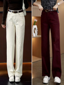 Ankara Red Slim Wide Leg Jeans Womens Spring Autumn New Style Slimming High Waist Straight Long Pants Casual Cotton Denim